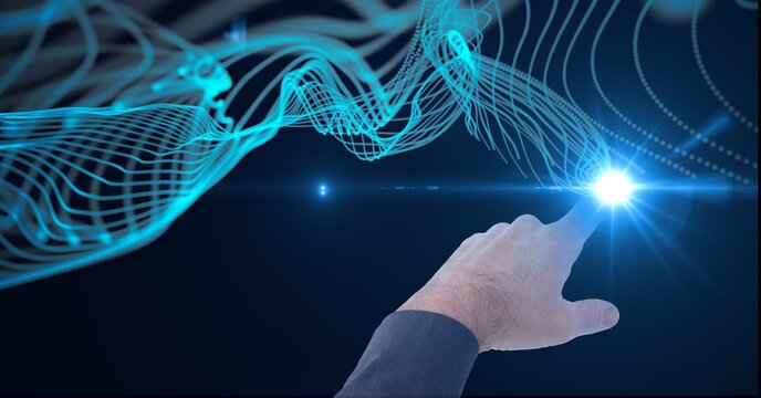 Composition of man touching virtual screen with glowing spot and blue light trails - Powered by Adobe
