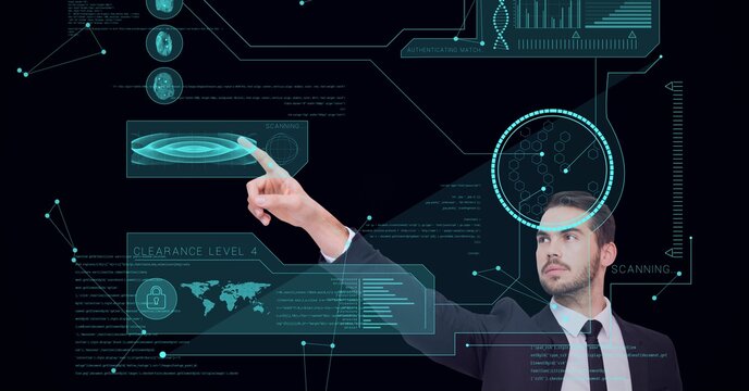 Composition of man touching virtual screen with scope scanning and data processing