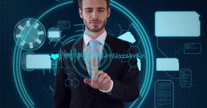 Composition of man touching virtual screen with scope scanning and data processing