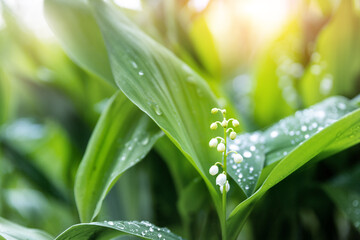 Close-up detail macro view of growing Lily of the valley flower. Convallaria majalis wild plant in garden or forest. Delicate small bell blossom beauty against fresh green leaves background sunny day