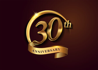 30th golden anniversary logo with gold ring and golden ribbon, vector design for birthday celebration, invitation card.