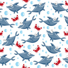 Fototapeta premium Happy shark and crab seamless pattern. Good for Textile print, wrapping and wall paper and other gifts design for children.