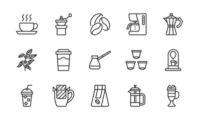 Coffee equipment line icon set. Coffee to go, mill,drip pack, cezve, pot, beans, capsules and tree. Concept for restaurant annd web shops. Editable strokes.