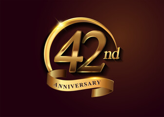 42nd golden anniversary logo with gold ring and golden ribbon, vector design for birthday celebration, invitation card.