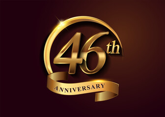 46th golden anniversary logo with gold ring and golden ribbon, vector design for birthday celebration, invitation card.