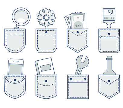 Pocket patches with items inside: magnifying glass, bottle, wrench, flower, brush and money. Textile uniform pockets clothing uniforms bag collection of vector pictures.