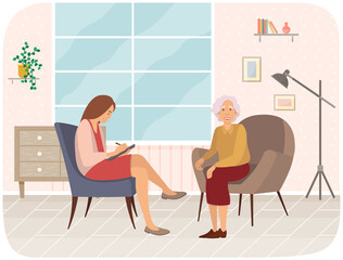 Elderly woman talking to psychotherapist or psychologist and answer questions. Patients at reception at psychotherapies. Female sits in chair, listens and writes to client s psychological problems