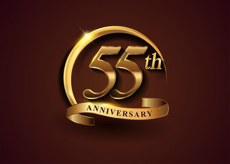 55th golden anniversary logo with gold ring and golden ribbon, vector design for birthday celebration, invitation card.