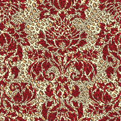 Damask arabesque motif with leopard skin background abstract vector seamless pattern