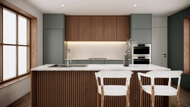 japandi style kitchen interior with furniture and island kitchen. modern apartment design. zoom out shot 3d video 4k animation
