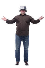 in full growth. casual man in virtual reality glasses.