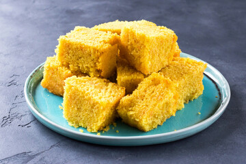 Sfouf Lebanese semolina turmeric pie. Arabic cuisine. Vegan dessert.  Selective focus.