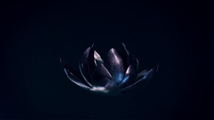 Lotus Blüte aus Metall vor dunklem Hintergrund | Organic Design | 3D Render Illustration 8K - obrazy, fototapety, plakaty