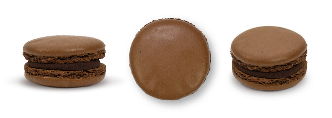 Tasty macaroons isolated on white background. Chocolate macaroons. Close up.