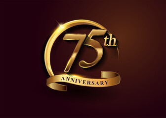 75th golden anniversary logo with gold ring and golden ribbon, vector design for birthday celebration, invitation card.