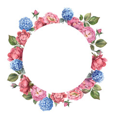 Wreath pink rose and blue hydrangea with leaves on white background. Watercolor shabby style flowers.