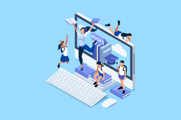 Concept of studying in network and looking for education or diploma. Learning in class with work books, students on the desk with book and laptop, home study concept. Flat Vector Illustration