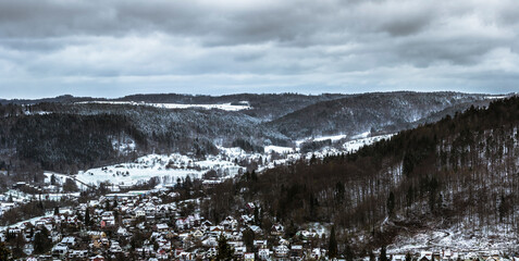 Schnee über den Dächer Der Kleinstadt Murrhardt im Schwäbisch-Fränkischen Wald 