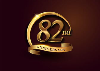 82nd golden anniversary logo with gold ring and golden ribbon, vector design for birthday celebration, invitation card.