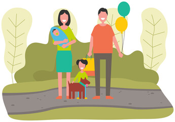 Happy young family walking in park with their dog. Father, mother, daughter and son spend time together outdoors. Parents and children have rest in nature with pet. Puppy owners are walking in park