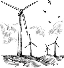 Wind Turbine, Green Energy Hand Drawn Sketch © Michelle