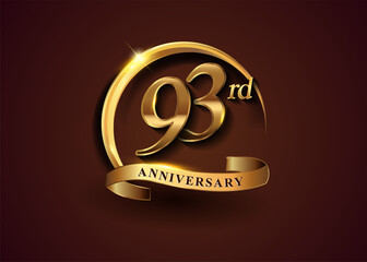 93rd golden anniversary logo with gold ring and golden ribbon, vector design for birthday celebration, invitation card.