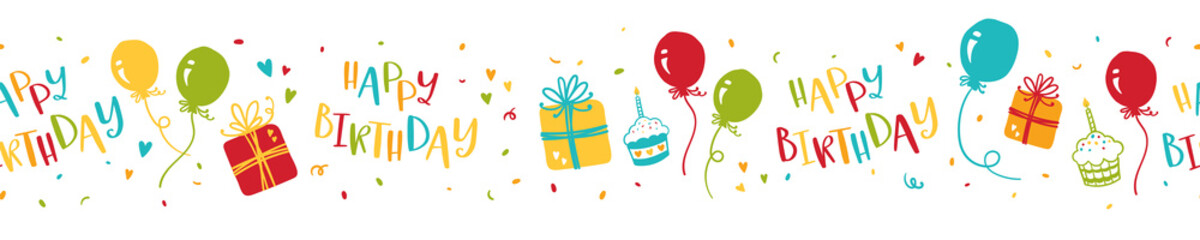 Cute hand drawn Birthday seamless pattern, fun background with balloons, cakes, gift boxes and decoration, great for wrapping, textiles, banners, wallpapers - vector design