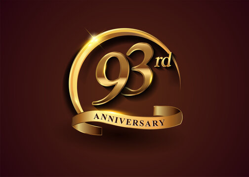93rd golden anniversary logo with gold ring and golden ribbon, vector design for birthday celebration, invitation card.