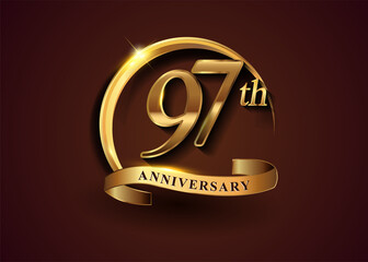 97th golden anniversary logo with gold ring and golden ribbon, vector design for birthday celebration, invitation card.