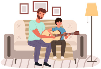 Father spend time with his child. Dad teaches his son how to play guitar. Parent and kid happy together at home. Musician teaches child to make music. Guitar and music lesson vector illustration