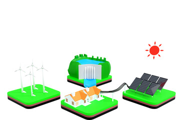 3D render of wind turbines, solar cells, dam and house on green grass, green energy concept, 3D illustration.