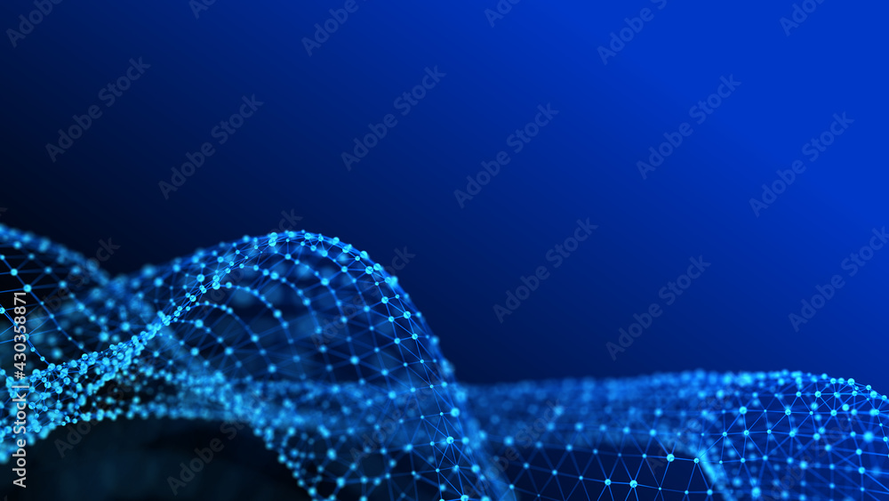 Poster Technological wave of points. Digital background. Great data visualization.3d rendering.