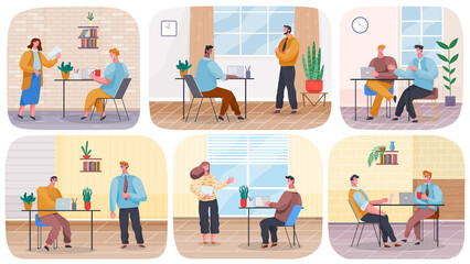 Set of illustrations about communication at work. People on meeting in office. Brainstorming of employees. Colleagues spend time at workplace. Businesspeople are discussing work vector illustration