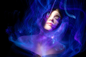 lightpainting portrait, new art direction, long exposure photo without photoshop, light drawing at...
