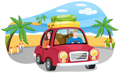 Family is going on vacation, journey on weekend by car. People in red vehicle on background of sunny palm beach having holidays. Couple is traveling with luggage. World globe vector illustration