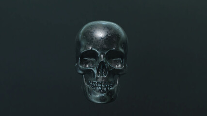 Menschlicher Schädel solo [frontal] Silber - vor dunkelgrünem Hintergrund | 3D Render Illustration 8K
