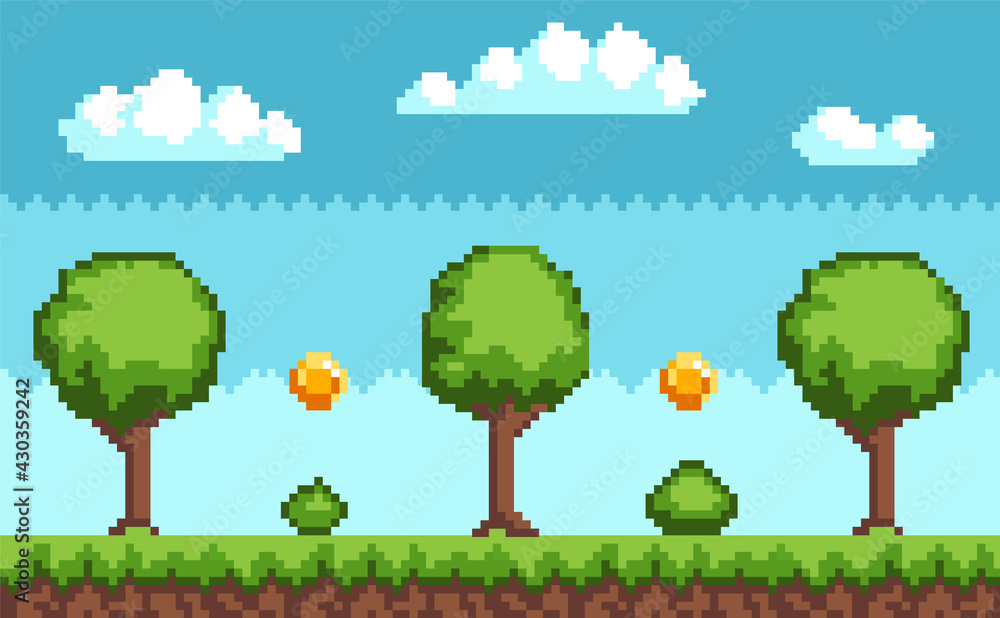 Poster pixel-game background with coins flying in sky. pixel art game scene with green grass and tall trees