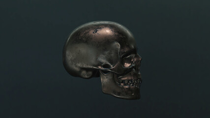 Menschlicher Schädel solo [Profil] Bronze - vor dunkelgrünem Hintergrund   3D Render Illustration 8K © Jacqueline Weber