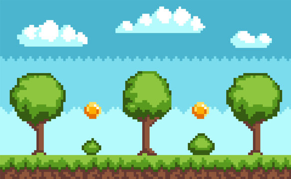 Pixel-game background with coins flying in sky. Pixel art game scene with green grass and tall trees against blue sky and pixelated golden money. Pixel style forest landscape vector illustration