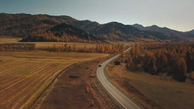 Aerial view of the road in the beautiful autumn Altai forest, mountains and steppe. Beautiful landscape with a rural country road, golden autumn in Altai: trees in a field with red, yellow and orange