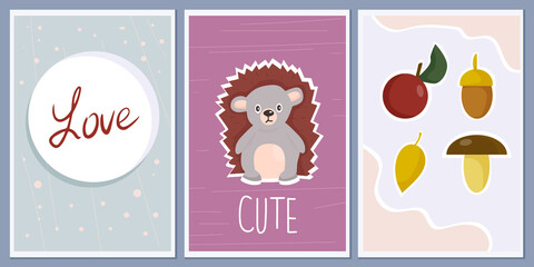 A set of templates for greeting cards and party invitations with animals. Cute hedgehog. Botanical elements. Designer vector abstract wall greeting posters. pastel colors