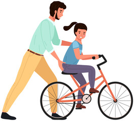 Caring dad teaching daughter to ride bike for first time. Father helping girl kid riding bicycle. Parenting, fatherhood concept. Parent actively spends time with child outdoors. Family walk in park