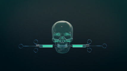 Humanoider Schädel + Retro-Injektions-Spritze mit grün leuchtender Flüssigkeit vor dunklem Hintergrund | 3D Render Illustration 8K