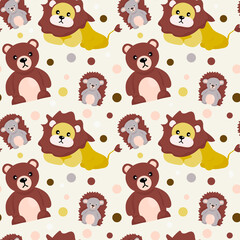 Seamless animal pattern. Cute teddy bear, lion and hedgehog. Forest dwellers. Cartoon vector print for children's clothes, wallpaper. Gift wrap, paper and fabric