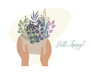 Envelope in hand. Inside a letter and botanicals of herbs and wildflowers. Romantic gift for a woman on any holiday. A symbol with a message about the beginning of spring, summer and love. Vector