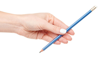 Hand with blue office pencil isolated on white background