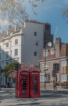Rinc&oacute;n con encanto en una calle de Londres. Cuatro antiguas cabinas de tel&eacute;fono rojas frente a un bonito &aacute;rbol de cerezo rosa y un edificio blanco durante un soleado d&iacute;a