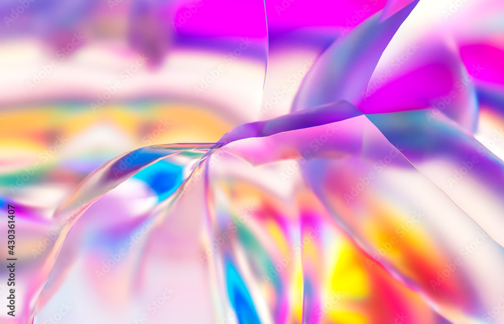 Poster abstract geometric crystal background, iridescent texture, liquid. 3d rendering.