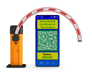 automatic barrier and digital passport of vaccination in phone on white background. Isolated 3D illustration