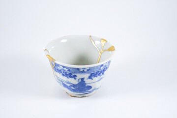 Japanese blue and white decorated sake cup, kintsugi pottery with real gold